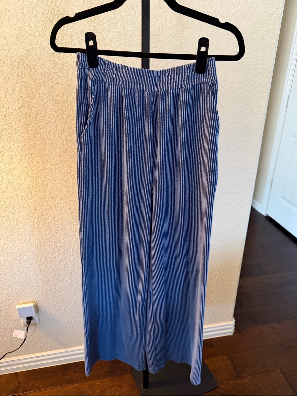 Amazon Blue Ribbed Wide-Leg Pull-On Trousers